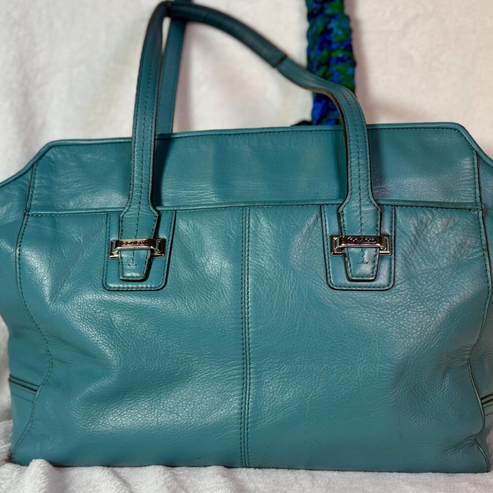 Coach Taylor Leather Alexis Caryall Tote in Teal Blue with Scarf and Chain - Picture 4 of 13